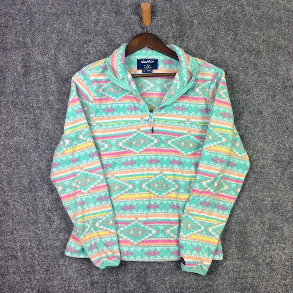 Chubbies Fleece Pullover Womens Small Teal Pink Aztec Geometric Quarter Zip 0347